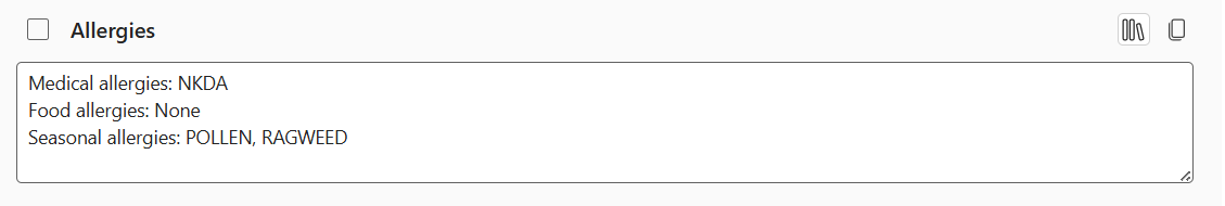 Allergy section after application of a custom allergy template.
