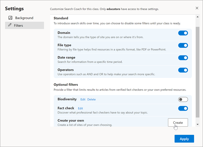 Screenshot of the filters section in settings with a mouse selecting "create" on create your own