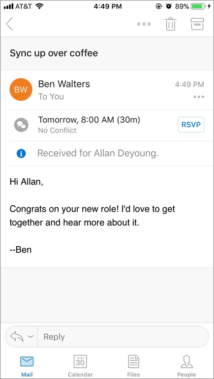 Screenshot shows mobile device screen with mail item.