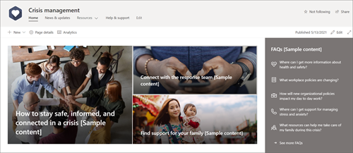 The home page of the Crisis management site template