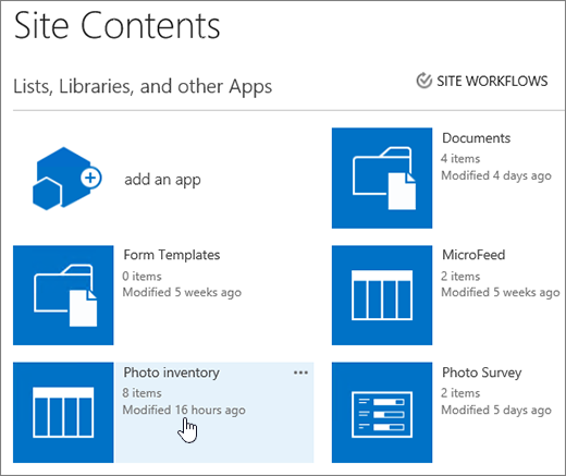 Site contents page with list selected