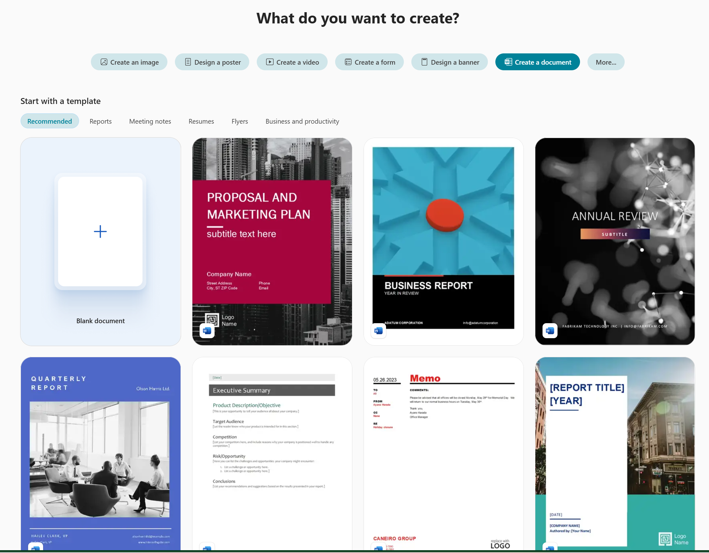 The Create a document feature showing a set of Word templates to choose from.