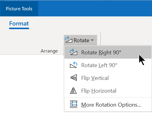The Rotate button is on the Format tab of the ribbon, in the Arrange group.
