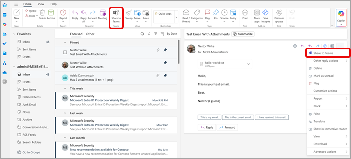 Screenshot showing two entrypoints from Outlook to share an email to Teams.