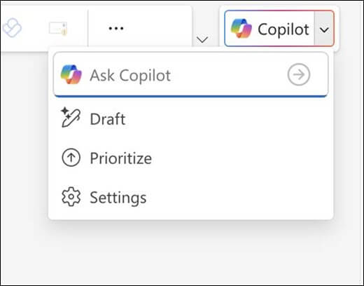 The Copilot menu in Outlook.