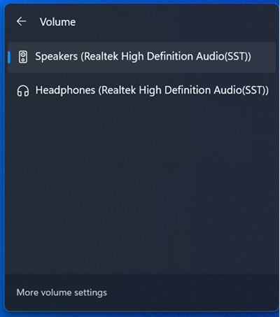 The audio output selector in the Windows 11 system tray.