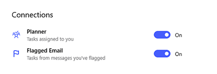 Screenshot of Connections in Settings with Planner and Flagged Email toggled On
