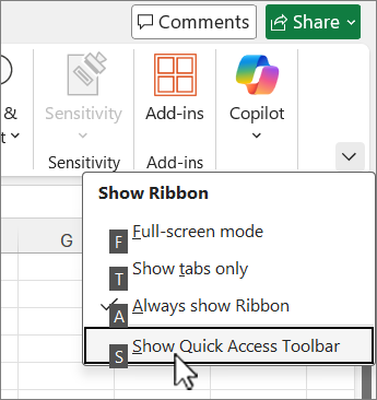 Keyboard command to show the Quick Access Toolbar