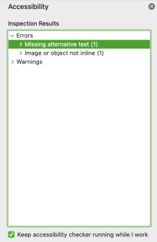 The Accessibility Checker pane in Word for Mac showing a list of findings.