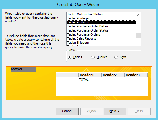 On the Crosstab query wizard, select a table or query.