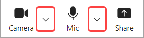 Image highlighting Camera and mic dropdown arrows in Teams meeting controls.