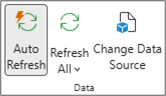 Data group within the PivotTable Analyze tab of the Ribbon. The Data group contains Auto Refresh, Refresh, and Change Data Source buttons.