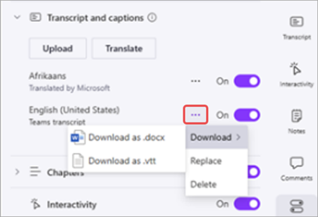 Screenshot of how to download a translated transcript in Clipchamp.
