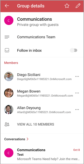 The group details screen shows members, files and has a toggle to follow or unfollow the group's emails in your personal inbox.
