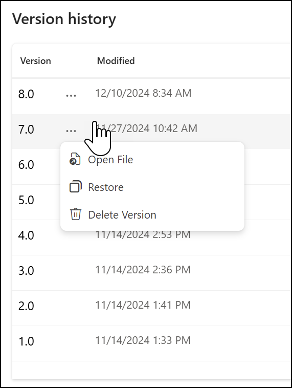 Screenshot of restoring a files in OneDrive for Business from the version history in the Details Pane in the modern experience
