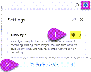 Image highlights settings icon and steps to enable auto style with Call outs