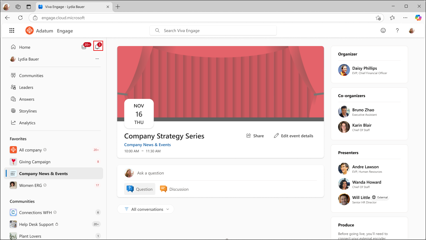 Find the Teams town hall in the Bell icon/notifications icon in your console