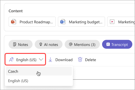 Screenshot showing how to change the transcript language in meeting recap.