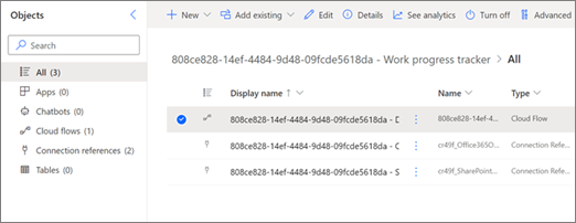 The Solutions list in Power Automate where you can find your flows created from a list template