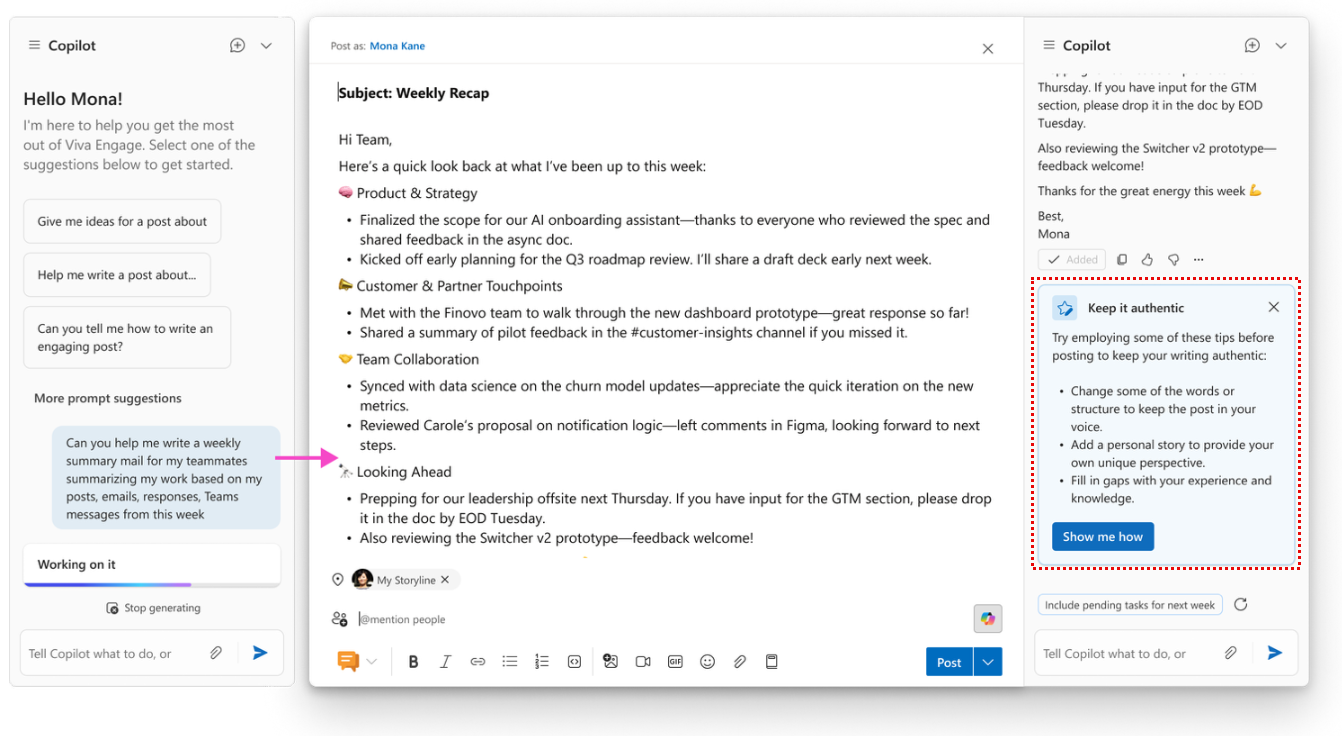 Copilot writing assistance can give stylistic and practical cues to strengthen your approach to important group communications and responses