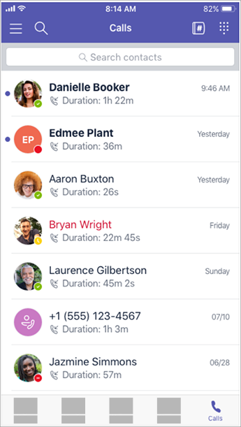 Call history, dial pad, and contacts