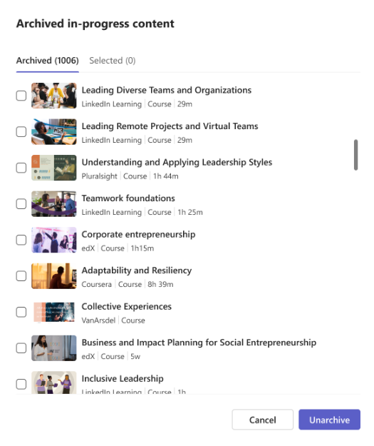 A screenshot of a window that lists all of the in-progress courses you've archived with the option to unarchive individual courses.