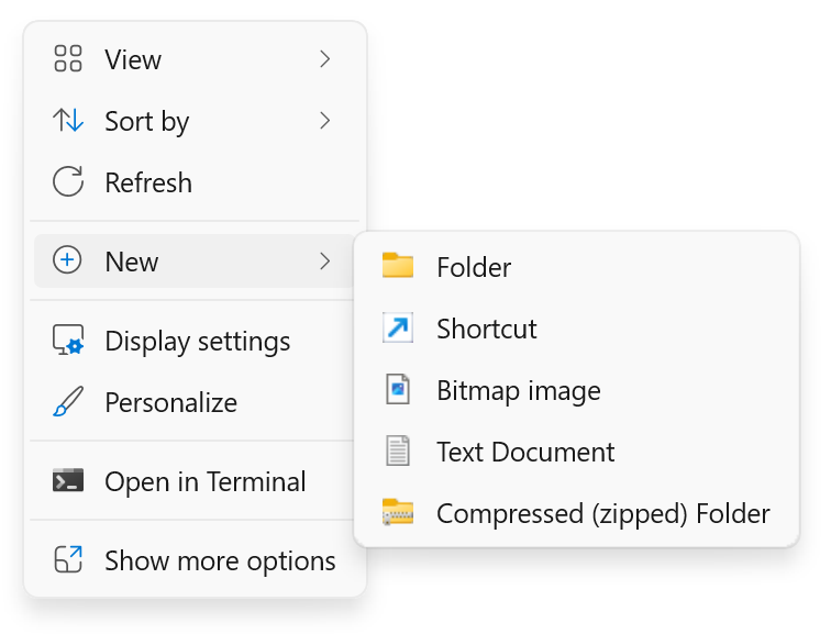 Screenshot of right-click >  New.