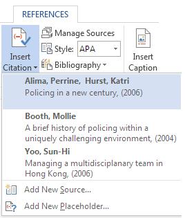 Insert Citation dropdown