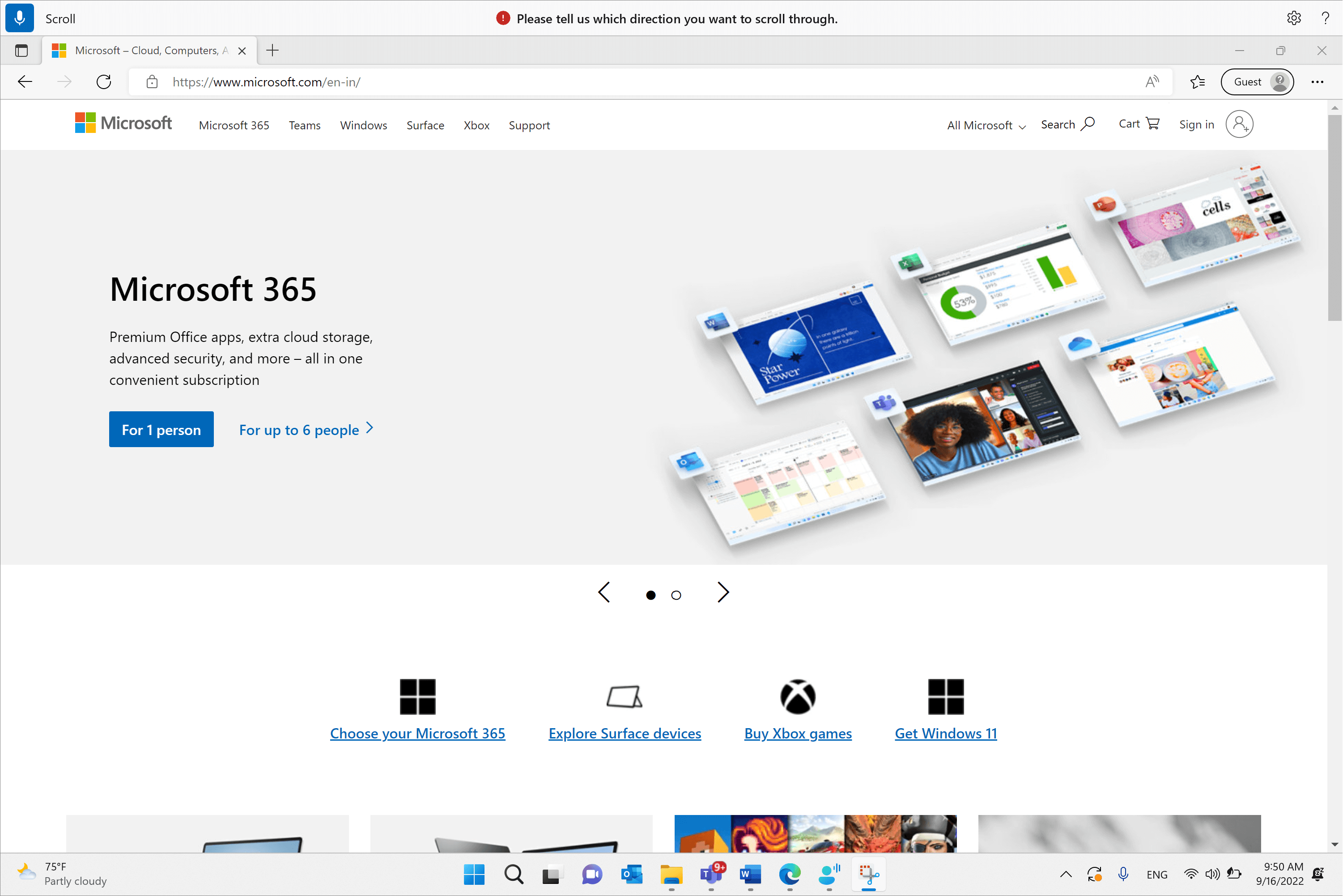 The voice access UI is in listening state, with "scroll" as the real-time feedback and “Please tell us which direction you want to scroll in" as command execution feedback with an error message.