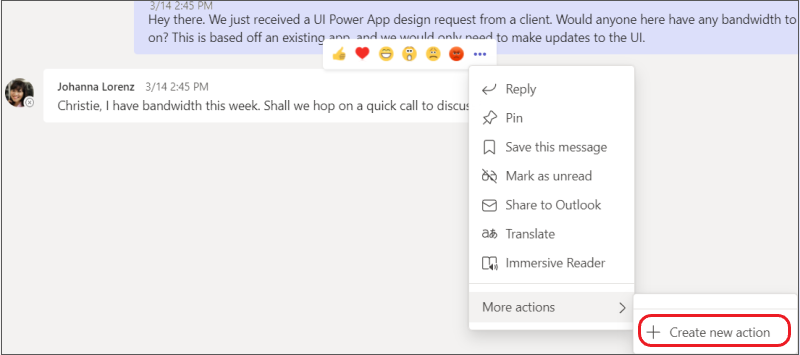 The More options menu with Create new action submenu highlighted.