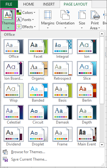 Themes gallery on the Page Layout tab