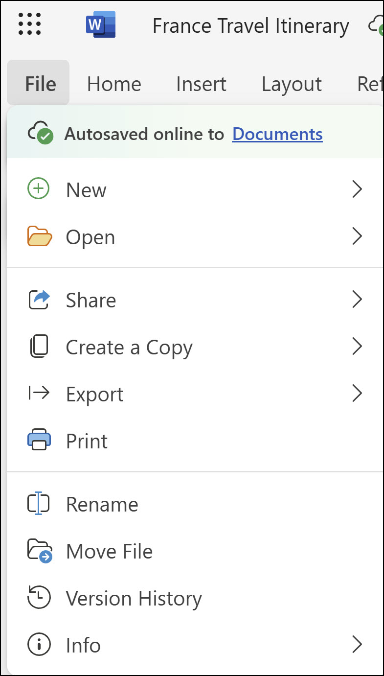 Version history in Word for the web