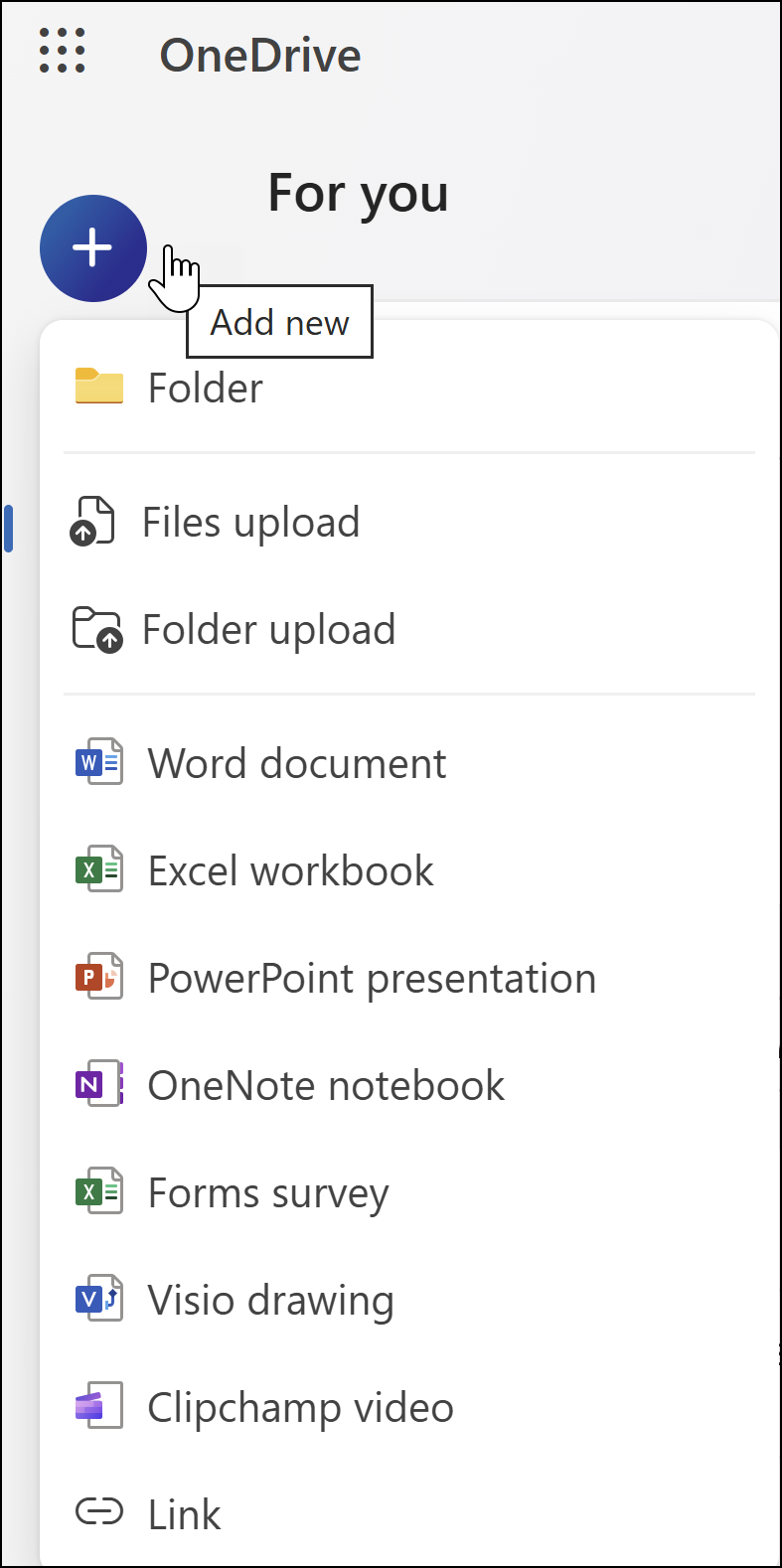 New file or folder menu in OneDrive for Business