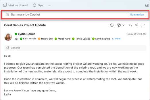 Select summarize for Copilot to create a summary of an email thread.