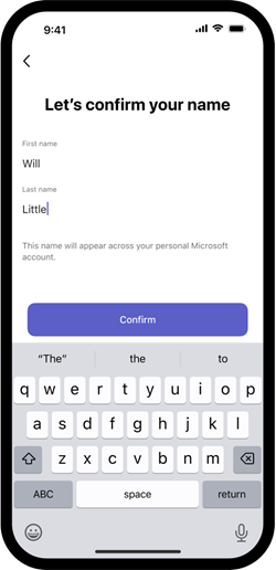 Enter name purple confirm button