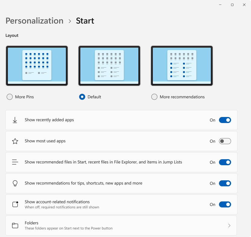 Screenshot of the Settings app showing the options to change the Start layout.