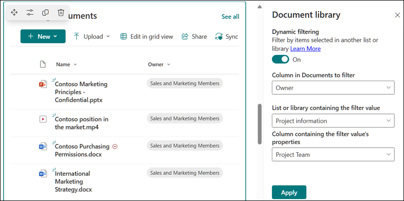 Document library with pane open for dynamic filtering options