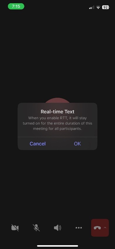 Teams meeting window with RTT panel at the bottom on the iOS device.