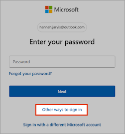 Screenshot of Microsoft account sign-in dialog with "other ways to sign in" link highlighted.
