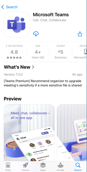 Teams logo with cloud arrow download button for Apple store