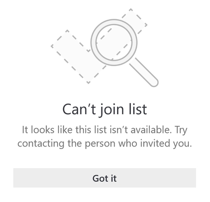 List sharing error message from Microsoft To Do that says "Can't join list. It looks like this list is unavailable. Try contacting the person who invited you."