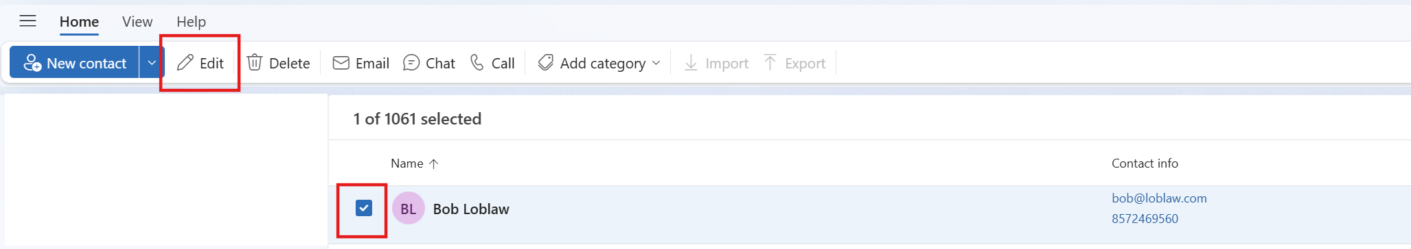 A contact with highlights on the checkbox and the Edit button in the ribbon