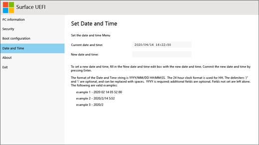 The date and time screen for Surface UEFI