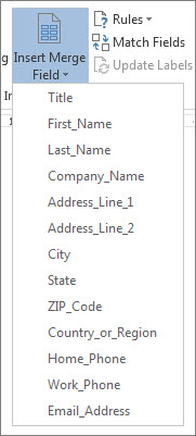 Insert Merge Field menu of available fields