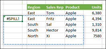 Image of a #SPILL! error indicating that an array formula output is experiencing a blockage that prevents it from spilling.