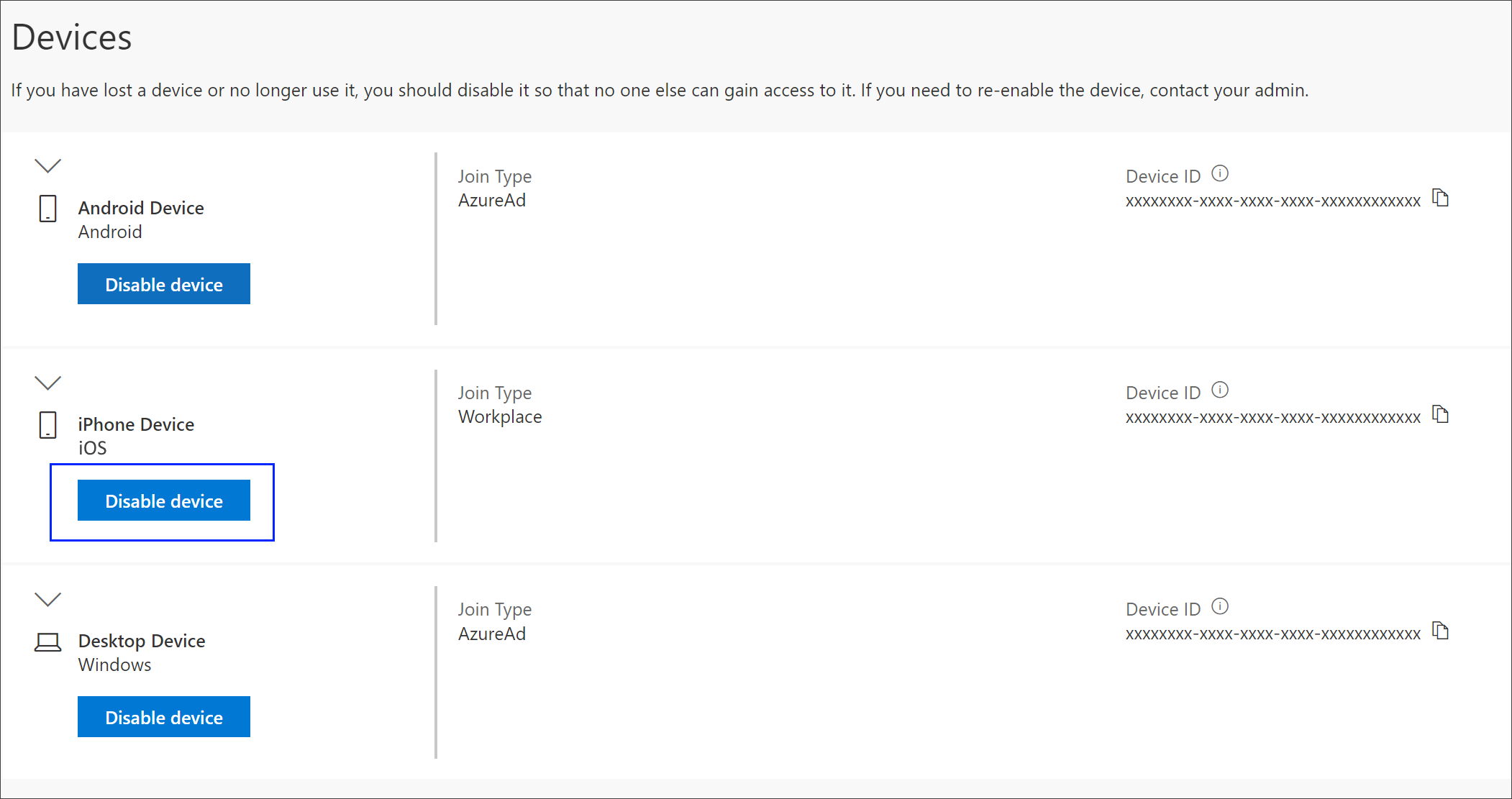 Device page with highlighted Disable link
