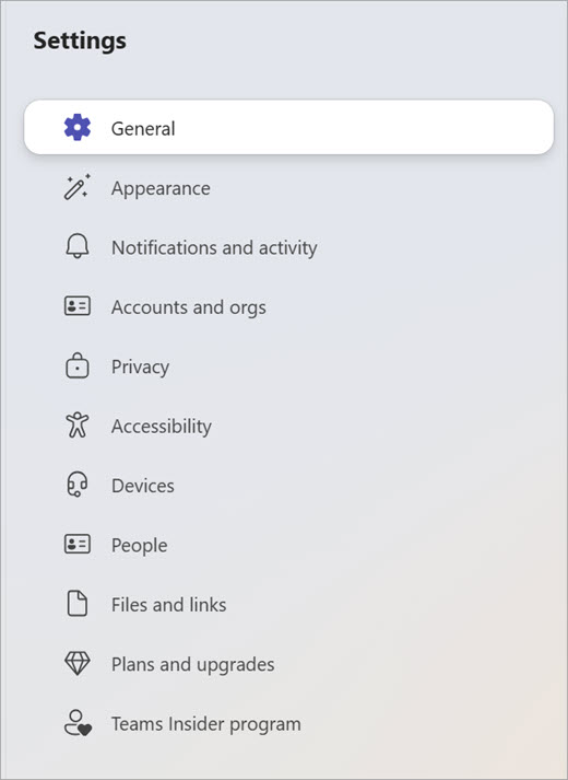 List of setting options with icons and names