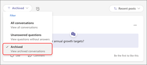 Screenshot of the Q&A filter dropdown menu, with archived highlighted.