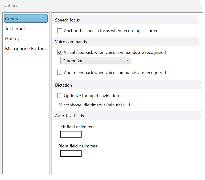 Options > General window