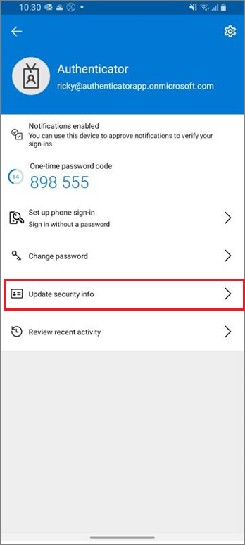 Work or school account home page, showing highlighted Update security info link